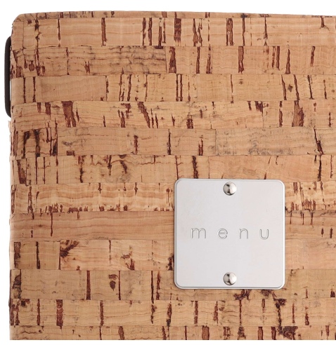 Porta Menu A5 (16,5x23,1 cm) etichetta METAL "menu" 2 buste (4 facciate) elastico nero SUGHERO NATURALE sp. 1.4