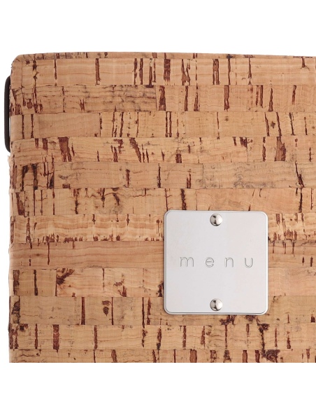 Porta Menu A5 (16,5x23,1 cm) etichetta METAL "menu" 2 buste (4 facciate) elastico nero SUGHERO NATURALE sp. 1.4