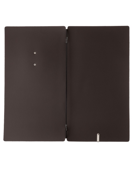 Porta Menu A4 SLIM (17,4x31,8 cm) etichetta METAL "personalizzata" (minimo 18 pezzi) solo elastico nero SUGHERO MARRONE sp. 2.5