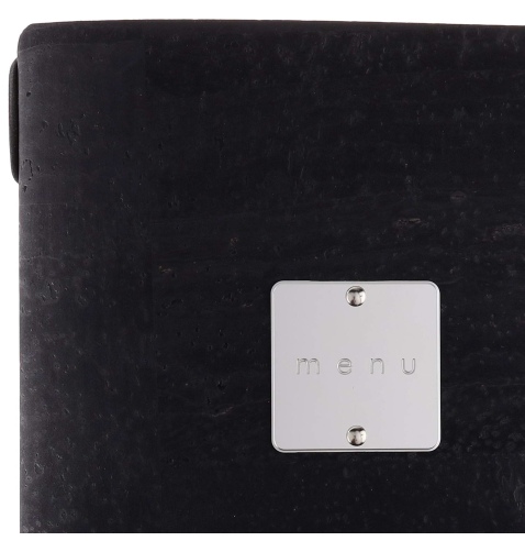 Porta Menu A5 (16,5x23,1 cm) etichetta METAL "menu" 2 buste (4 facciate) elastico nero SUGHERO NERO sp. 2.5