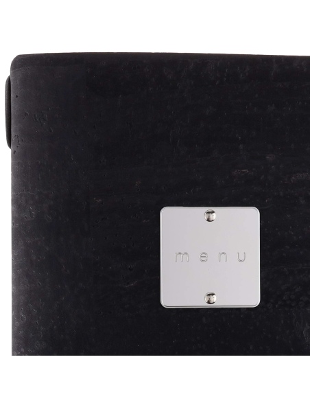 Porta Menu A5 (16,5x23,1 cm) etichetta METAL "menu" 2 buste (4 facciate) elastico nero SUGHERO NERO sp. 2.5