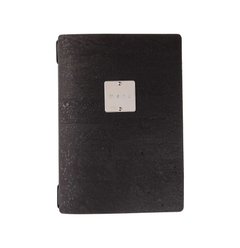 Porta Menu A5 (16,5x23,1 cm) etichetta METAL "personalizzata" (minimo 18 pezzi) 2 buste (4 facciate) elastico nero SUGHERO NERO 
