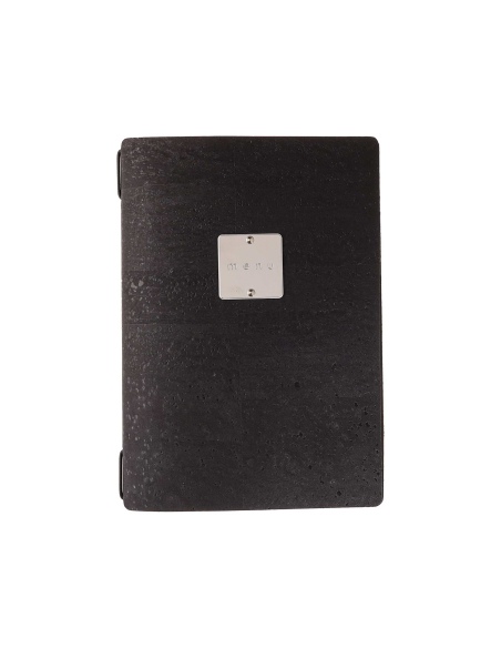 Porta Menu A5 (16,5x23,1 cm) etichetta METAL "personalizzata" (minimo 18 pezzi) 2 buste (4 facciate) elastico nero SUGHERO NERO 