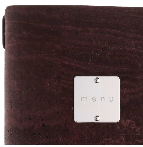 Porta Menu A5 (16,5x23,1 cm) etichetta METAL "menu" 2 buste (4 facciate) elastico nero SUGHERO MARRONE sp. 2.5