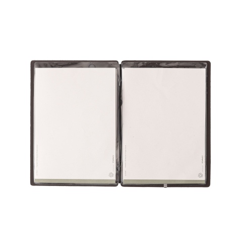 Porta Menu A5 (16,5x23,1 cm) etichetta METAL "personalizzata" (minimo 18 pezzi) 2 buste (4 facciate) elastico nero SUGHERO MARRO