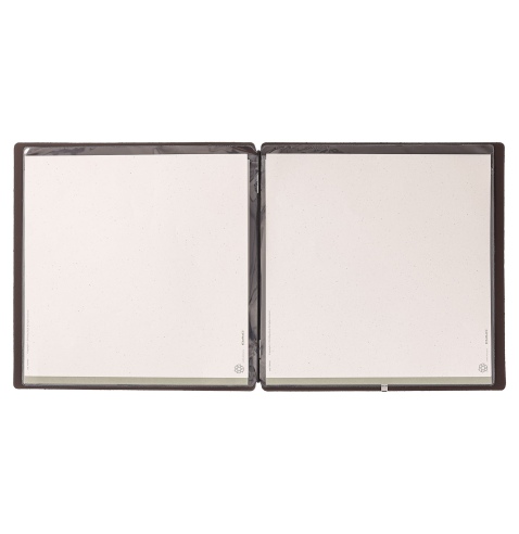 Porta Menu QUADRATO (23x23,1 cm) etichetta METAL "menu" 2 buste (4 facciate) elastico nero SUGHERO NATURALE sp. 1.4