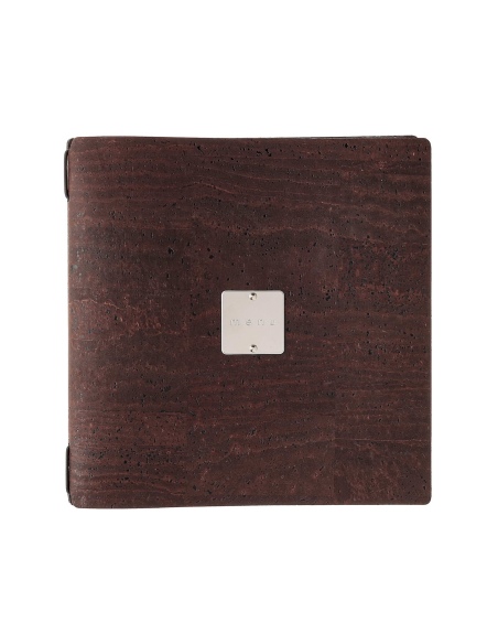 Porta Menu QUADRATO (23x23,1 cm) etichetta METAL "menu" 2 buste (4 facciate) elastico nero SUGHERO MARRONE sp. 2.5