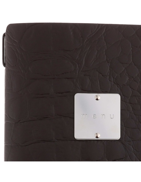 Porta Menu A5 (16,5x23,1 cm) etichetta METAL "menu" 2 buste (4 facciate) elastico nero FASHION MARRONE COCCODRILLO