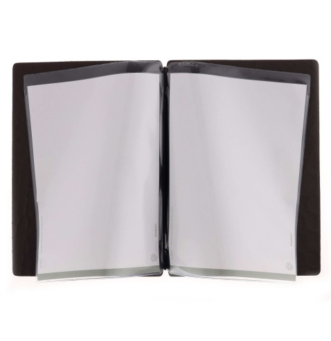 Porta Menu A5 (16,5x23,1 cm) etichetta METAL "personalizzata" (minimo 18 pezzi) 2 buste (4 facciate) elastico nero FASHION MARRO
