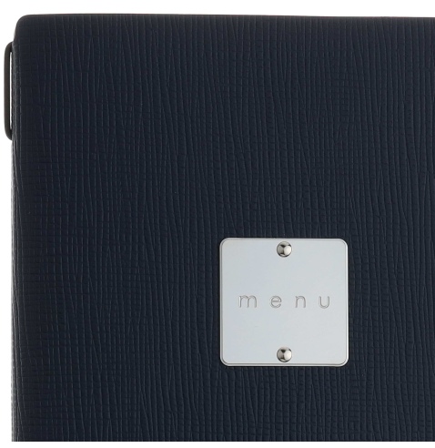 Porta Menu A4 SLIM (17,4x31,8 cm) etichetta METAL "menu" 2 buste (4 facciate) elastico nero CHEF BLU