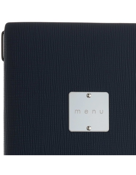 Porta Menu A4 SLIM (17,4x31,8 cm) etichetta METAL "menu" 2 buste (4 facciate) elastico nero CHEF BLU