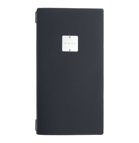 Porta Menu A4 SLIM (17,4x31,8 cm) etichetta METAL "personalizzata" (minimo 18 pezzi) 2 buste (4 facciate) elastico nero CHEF BLU
