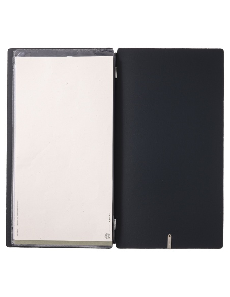 Porta Menu A4 SLIM (17,4x31,8 cm) etichetta METAL "personalizzata" (minimo 18 pezzi) 2 buste (4 facciate) elastico nero CHEF BLU