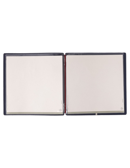 Porta Menu QUADRATO (23x23,1 cm) etichetta METAL "menu" 2 buste (4 facciate) elastico rosso JUTA BLU