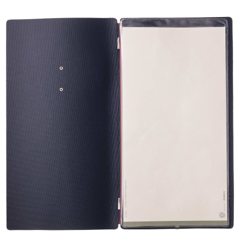 Porta Menu A4 SLIM (17,4x31,8 cm) etichetta METAL "personalizzata" (minimo 18 pezzi) 2 buste (4 facciate) elastico rosso JUTA BL