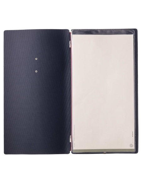 Porta Menu A4 SLIM (17,4x31,8 cm) etichetta METAL "personalizzata" (minimo 18 pezzi) 2 buste (4 facciate) elastico rosso JUTA BL
