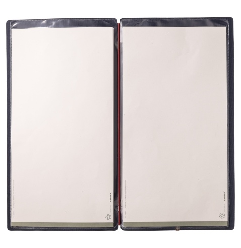 Porta Menu A4 SLIM (17,4x31,8 cm) etichetta METAL "personalizzata" (minimo 18 pezzi) 2 buste (4 facciate) elastico rosso JUTA BL