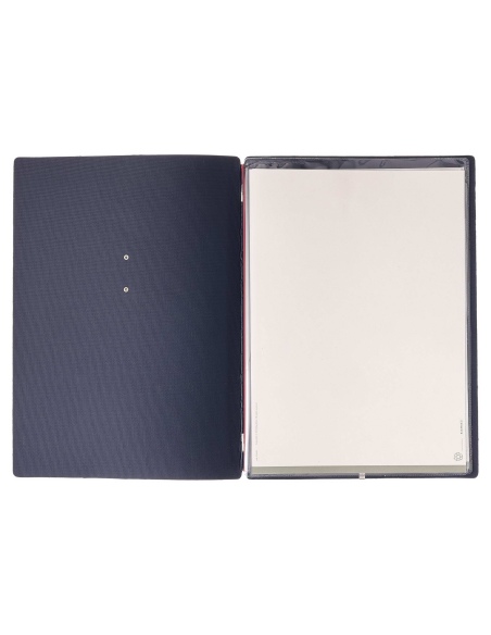 Porta Menu A4 (23,2x31,8 cm) etichetta METAL "personalizzata" (minimo 18 pezzi) 2 buste (4 facciate) elastico rosso JUTA BLU