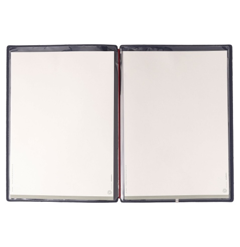 Porta Menu A4 (23,2x31,8 cm) etichetta METAL "personalizzata" (minimo 18 pezzi) 2 buste (4 facciate) elastico rosso JUTA BLU