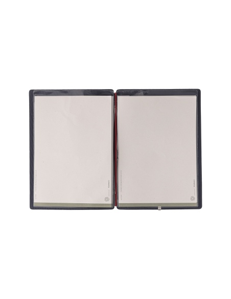 Porta Menu A5 (16,5x23,1 cm) etichetta METAL "personalizzata" (minimo 18 pezzi) 2 buste (4 facciate) elastico rosso JUTA BLU