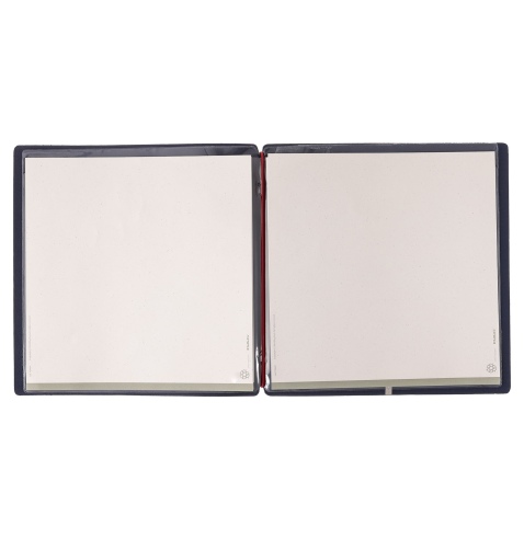 Porta Menu QUADRATO (23x23,1 cm) etichetta METAL "personalizzata" (minimo 18 pezzi) 2 buste (4 facciate) elastico rosso JUTA BLU