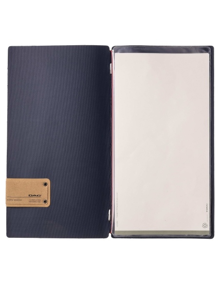 Porta Menu A4 SLIM (17,4x31,8 cm) etichetta PATCH "personalizzata" (minimo 18 pezzi) 2 buste (4 facciate) elastico rosso JUTA BL