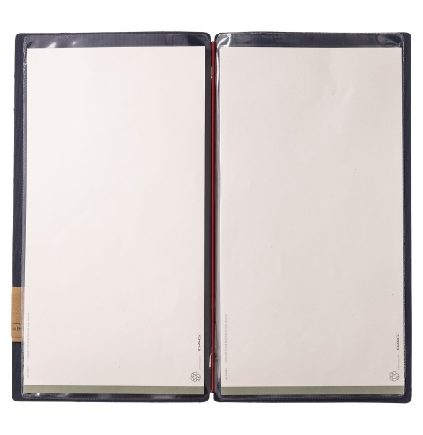 Porta Menu A4 SLIM (17,4x31,8 cm) etichetta PATCH "personalizzata" (minimo 18 pezzi) 2 buste (4 facciate) elastico rosso JUTA BL