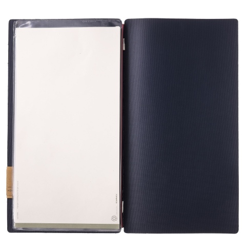 Porta Menu A4 SLIM (17,4x31,8 cm) etichetta PATCH "personalizzata" (minimo 18 pezzi) 2 buste (4 facciate) elastico rosso JUTA BL