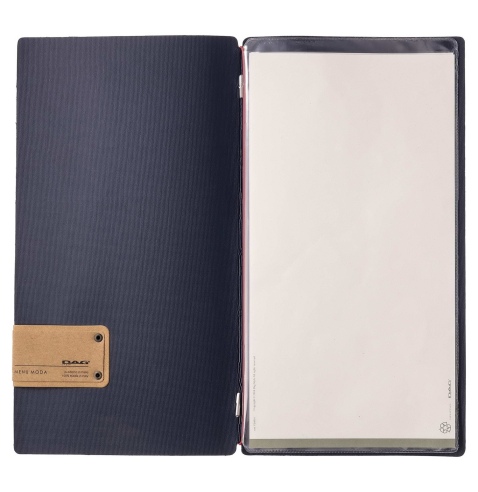 Porta Menu A4 SLIM (17,4x31,8 cm) etichetta PATCH "menu" 2 buste (4 facciate) elastico rosso JUTA BLU