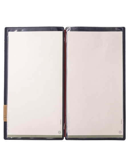 Porta Menu A4 SLIM (17,4x31,8 cm) etichetta PATCH "menu" 2 buste (4 facciate) elastico rosso JUTA BLU