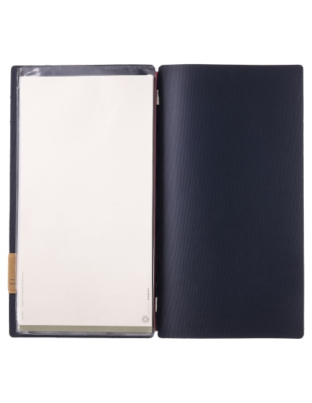 Porta Menu A4 SLIM (17,4x31,8 cm) etichetta PATCH "menu" 2 buste (4 facciate) elastico rosso JUTA BLU