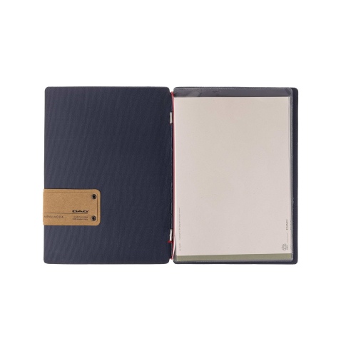 Porta Menu A5 (16,5x23,1 cm) etichetta PATCH "menu" 2 buste (4 facciate) elastico rosso JUTA BLU