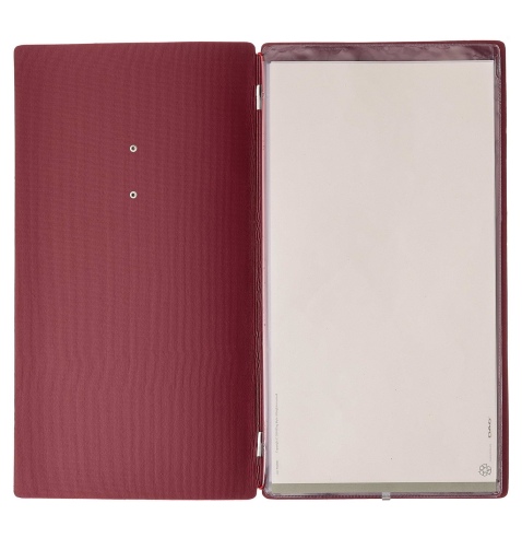 Porta Menu A4 SLIM (17,4x31,8 cm) etichetta METAL "personalizzata" (minimo 18 pezzi) 2 buste (4 facciate) elastico rosso JUTA BO