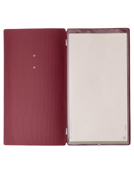 Porta Menu A4 SLIM (17,4x31,8 cm) etichetta METAL "personalizzata" (minimo 18 pezzi) 2 buste (4 facciate) elastico rosso JUTA BO