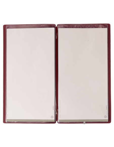 Porta Menu A4 SLIM (17,4x31,8 cm) etichetta METAL "personalizzata" (minimo 18 pezzi) 2 buste (4 facciate) elastico rosso JUTA BO