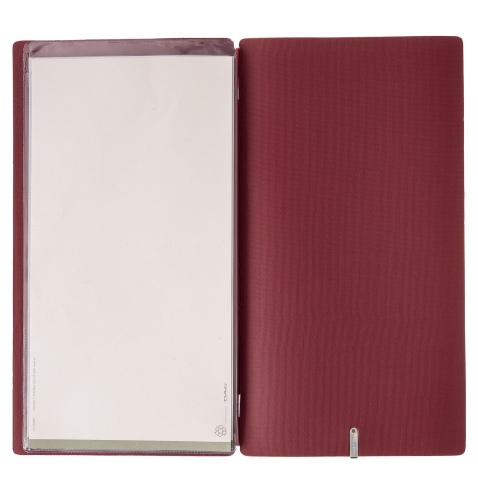 Porta Menu A4 SLIM (17,4x31,8 cm) etichetta METAL "personalizzata" (minimo 18 pezzi) 2 buste (4 facciate) elastico rosso JUTA BO