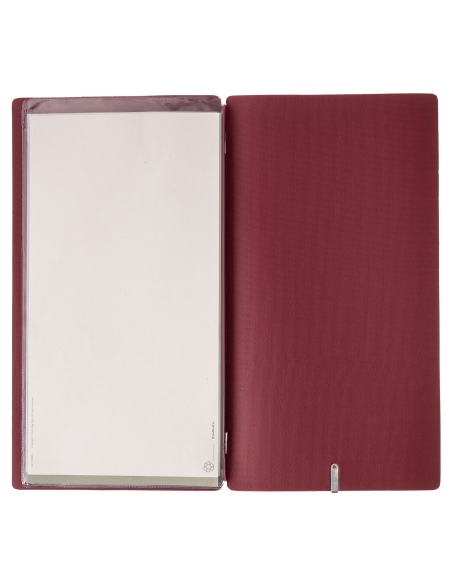 Porta Menu A4 SLIM (17,4x31,8 cm) etichetta METAL "personalizzata" (minimo 18 pezzi) 2 buste (4 facciate) elastico rosso JUTA BO