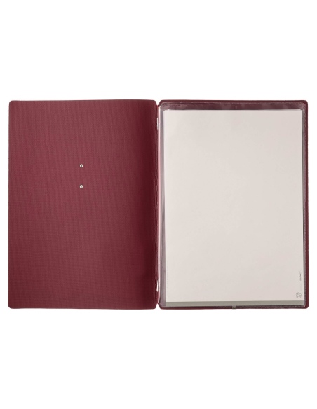 Porta Menu A4 (23,2x31,8 cm) etichetta METAL "personalizzata" (minimo 18 pezzi) 2 buste (4 facciate) elastico rosso JUTA BORDEAU