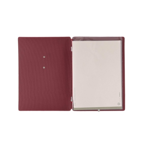 Porta Menu A5 (16,5x23,1 cm) etichetta METAL "personalizzata" (minimo 18 pezzi) 2 buste (4 facciate) elastico rosso JUTA BORDEAU