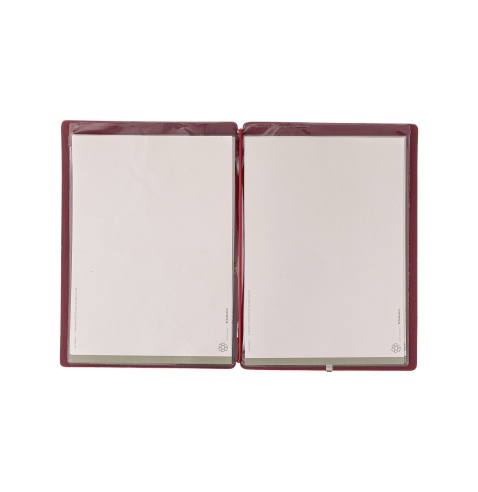 Porta Menu A5 (16,5x23,1 cm) etichetta METAL "personalizzata" (minimo 18 pezzi) 2 buste (4 facciate) elastico rosso JUTA BORDEAU