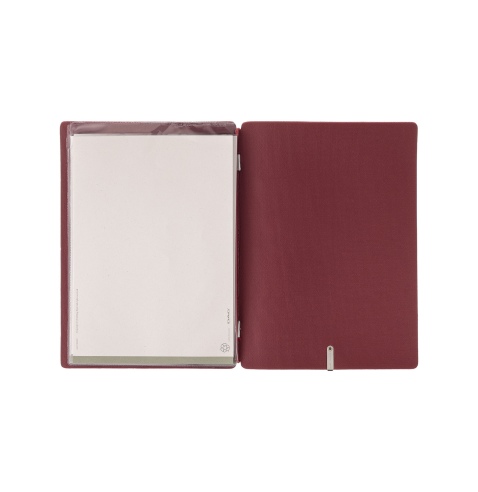 Porta Menu A5 (16,5x23,1 cm) etichetta METAL "personalizzata" (minimo 18 pezzi) 2 buste (4 facciate) elastico rosso JUTA BORDEAU