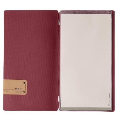 Porta Menu A4 SLIM (17,4x31,8 cm) etichetta PATCH "personalizzata" (minimo 18 pezzi) 2 buste (4 facciate) elastico rosso JUTA BO