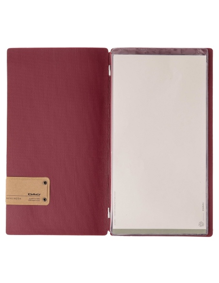 Porta Menu A4 SLIM (17,4x31,8 cm) etichetta PATCH "personalizzata" (minimo 18 pezzi) 2 buste (4 facciate) elastico rosso JUTA BO