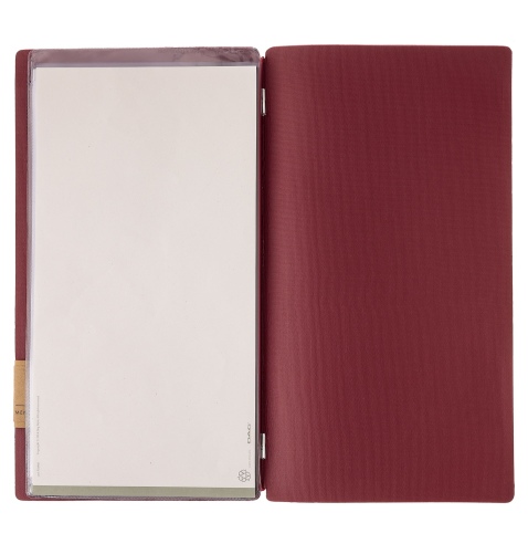 Porta Menu A4 SLIM (17,4x31,8 cm) etichetta PATCH "personalizzata" (minimo 18 pezzi) 2 buste (4 facciate) elastico rosso JUTA BO