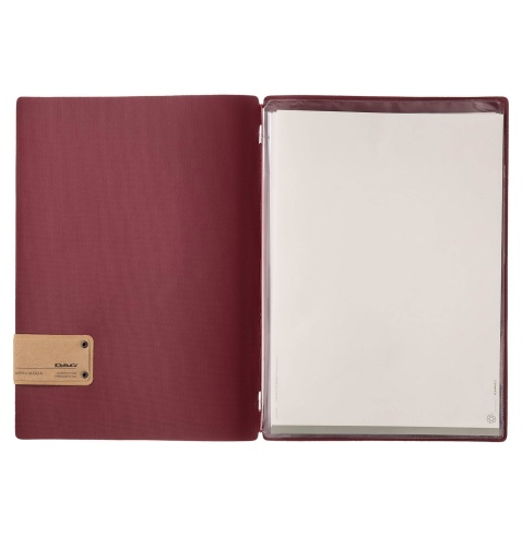 Porta Menu A4 (23,2x31,8 cm) etichetta PATCH "personalizzata" (minimo 18 pezzi) 2 buste (4 facciate) elastico rosso JUTA BORDEAU