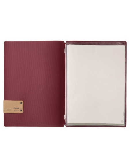 Porta Menu A4 (23,2x31,8 cm) etichetta PATCH "personalizzata" (minimo 18 pezzi) 2 buste (4 facciate) elastico rosso JUTA BORDEAU