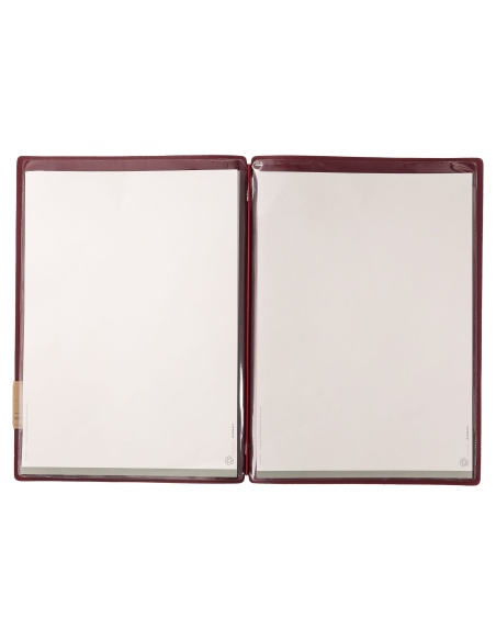 Porta Menu A4 (23,2x31,8 cm) etichetta PATCH "personalizzata" (minimo 18 pezzi) 2 buste (4 facciate) elastico rosso JUTA BORDEAU
