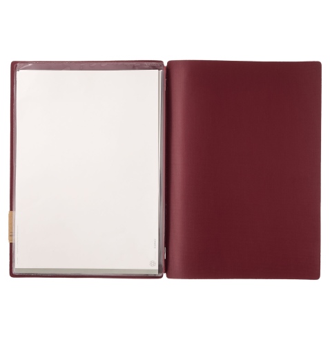 Porta Menu A4 (23,2x31,8 cm) etichetta PATCH "personalizzata" (minimo 18 pezzi) 2 buste (4 facciate) elastico rosso JUTA BORDEAU
