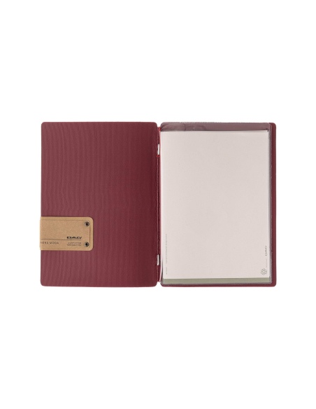 Porta Menu A5 (16,5x23,1 cm) etichetta PATCH "personalizzata" (minimo 18 pezzi) 2 buste (4 facciate) elastico rosso JUTA BORDEAU