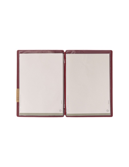 Porta Menu A5 (16,5x23,1 cm) etichetta PATCH "personalizzata" (minimo 18 pezzi) 2 buste (4 facciate) elastico rosso JUTA BORDEAU